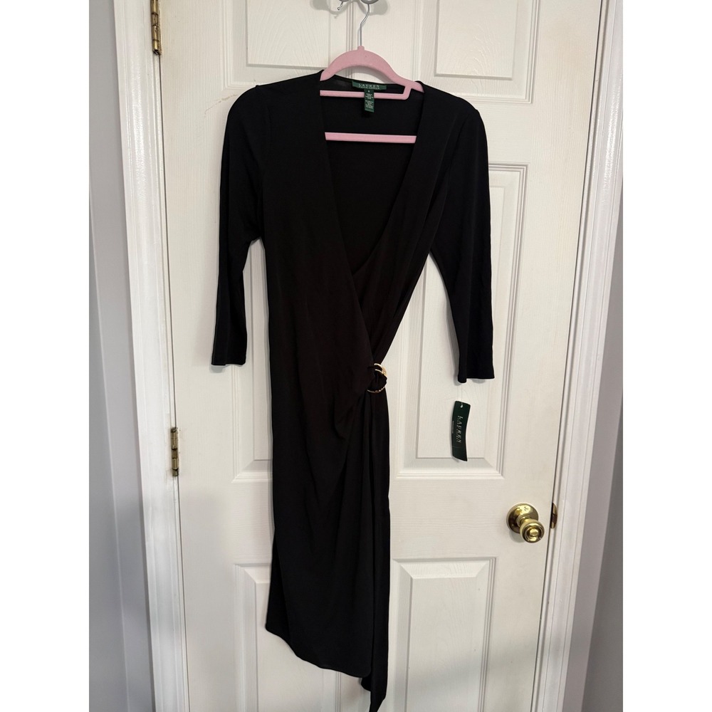 Lauren Ralph Lauren Black Matte Jersey Faux Wrap Dress Gold O-Ring Size 8 NEW